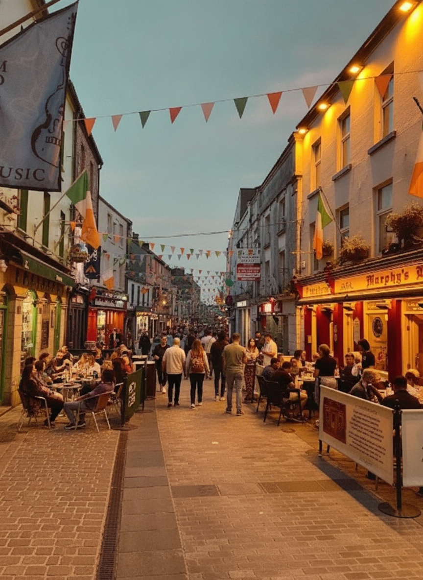 Ruas de paralelepípedos e fachadas históricas do Latin Quarter em Galway